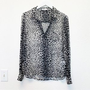 EQUIPMENT 100% Silk Leopard Print Top Black Gray White Long Sleeve Sheer SIZE L